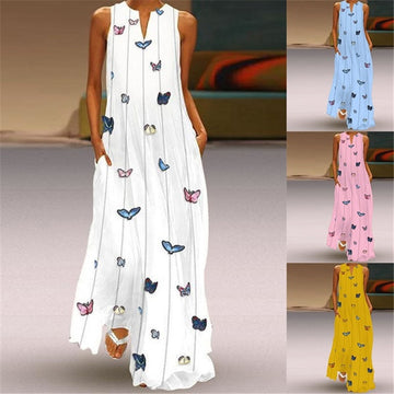Plus Size V Neck Butterfly Print Maxi Dress