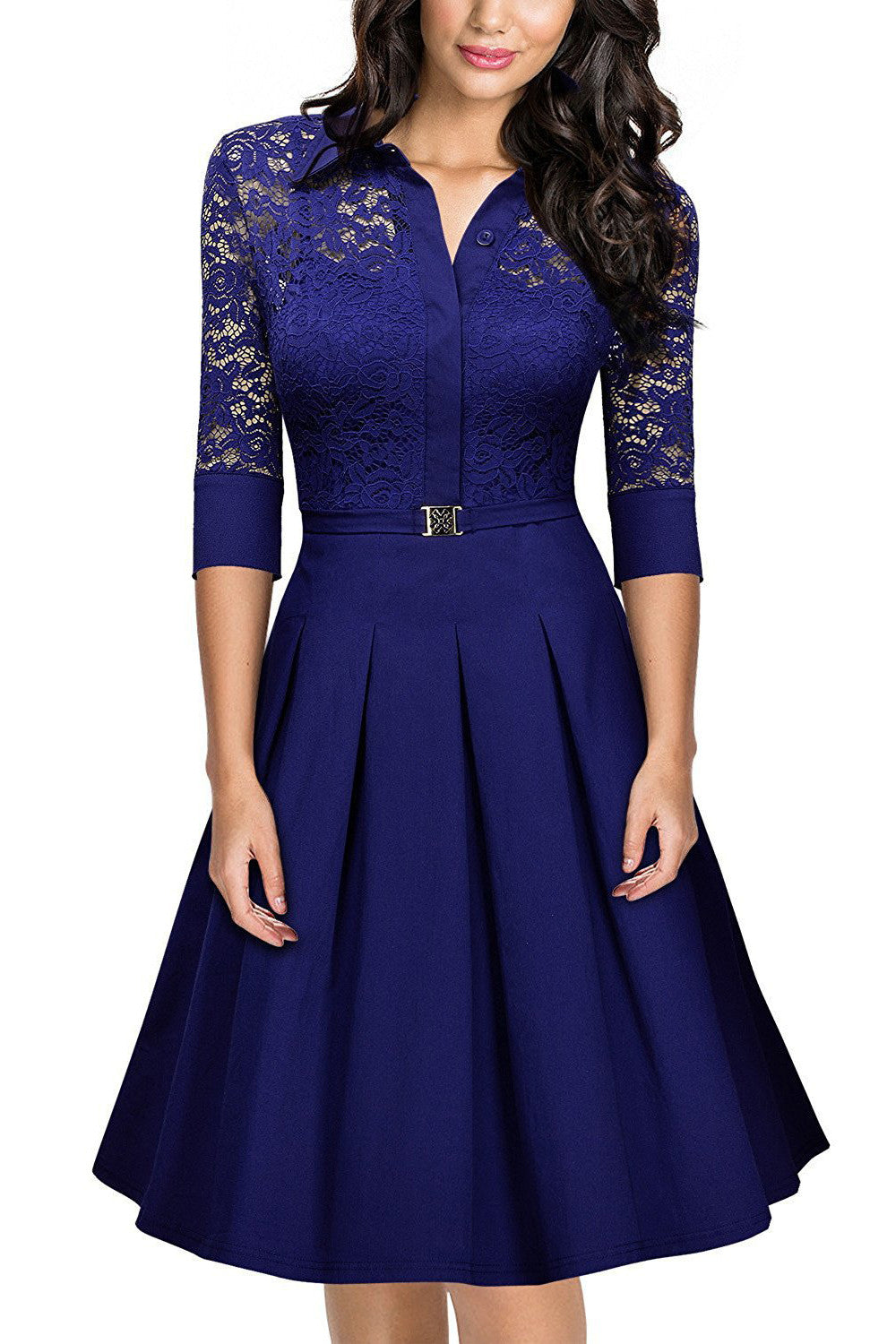 Lace Long Sleeves Solid Splicing Pleated Short Dress