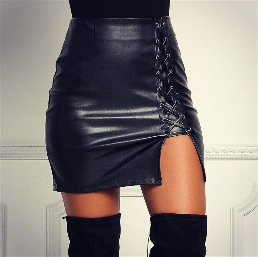 Black PU Lace Up Split Short Slim Skirt