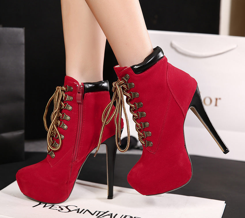 Pointed Toe High Heels Lace Up Side Zipper Ankle Bootie Solid Boots