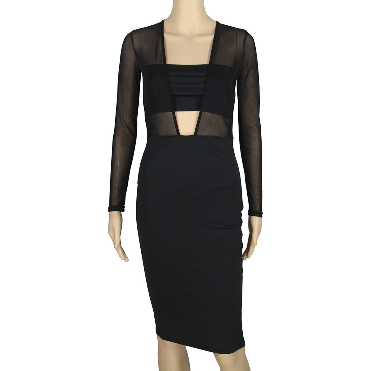 Black Mesh Patchwork Hollow Out Bodycon Knee-length Dress