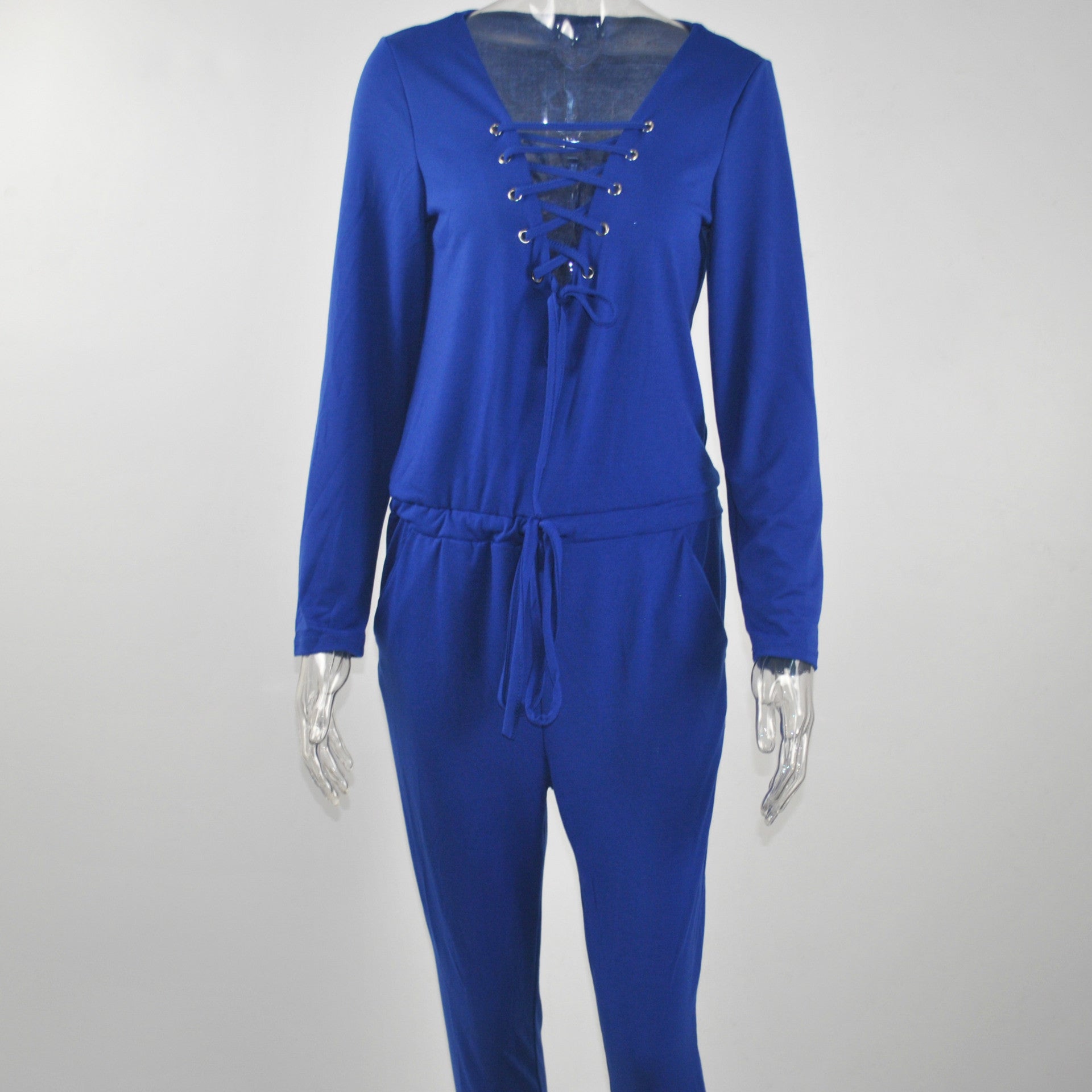 Long Sleeve Lace Up Deep V-neck Draw String Waist Long Jumpsuit