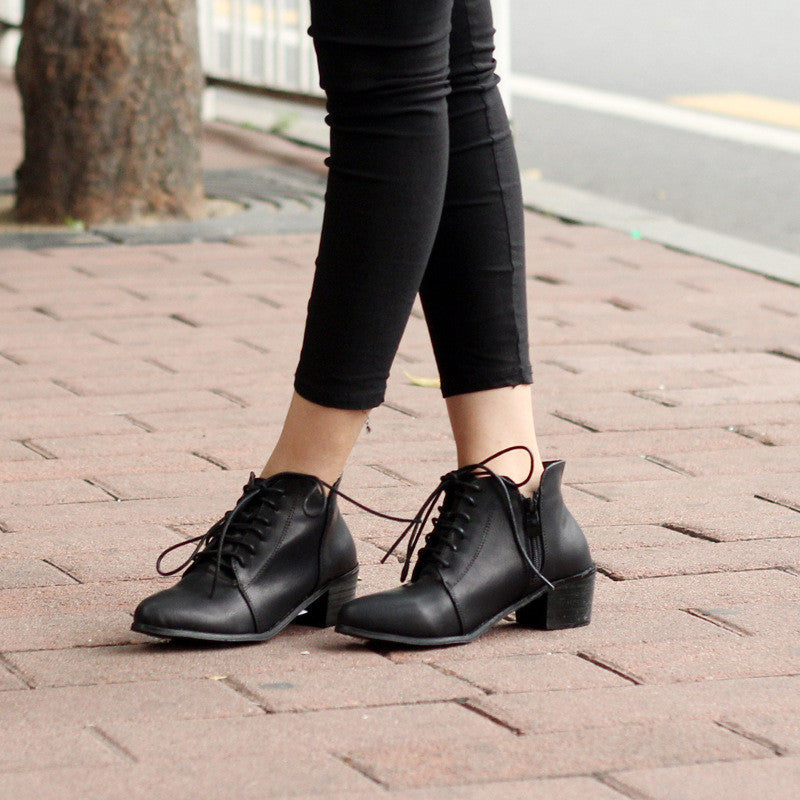 Simple Lace Up Brush Color PU Boots