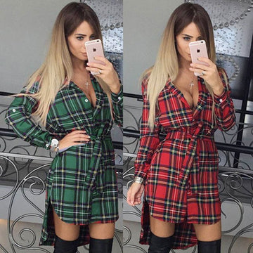 Long Sleeves Plaid Long Shirt Blouses With Belt
