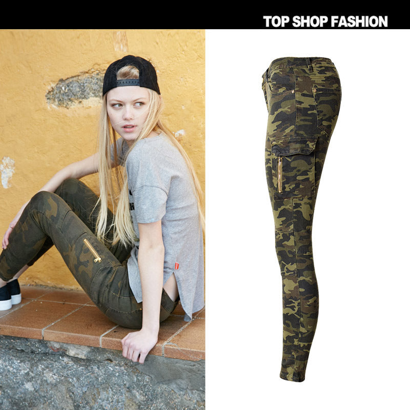 Camouflage Pockets Middle Waist Long Skinny Pants