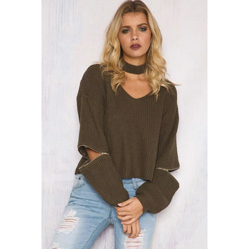 V-neck Long Sleeves Zipper Pure Color Pullover Sweater