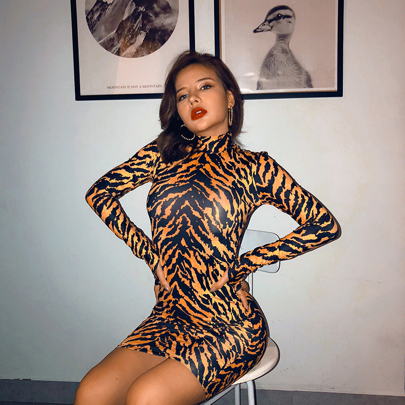 Tiger Skin Print Turtleneck Bodycon Long Sleeve Dress