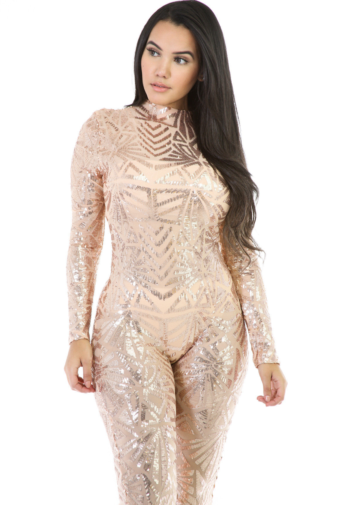 Sequins Long Sleeve High Neck See-Through Club Long Jumpsuit
