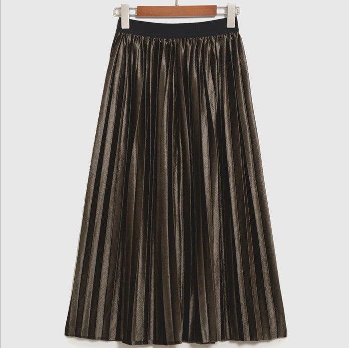 Pleated Glossy Velvet High Waist Long Skirt