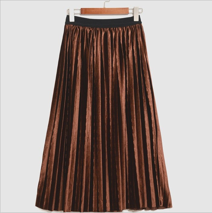 Pleated Glossy Velvet High Waist Long Skirt