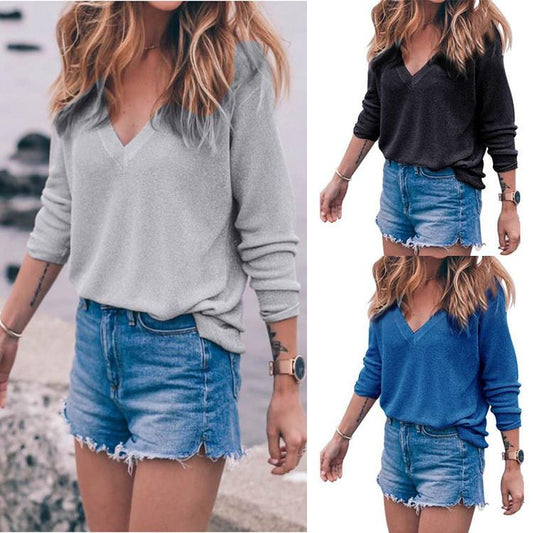 Clearance V-neck Pure Color Long Sleeves T-shirt