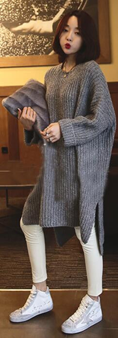 Gray Slitting Irregular Knitting Long Sweater