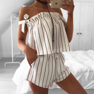 Stripe Off Shoulder Top with Shorts Two-Piece Set