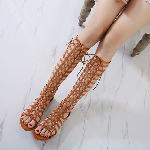 Rivets Straps Lace Up Open Toe Long Boot Roman Style Sandals