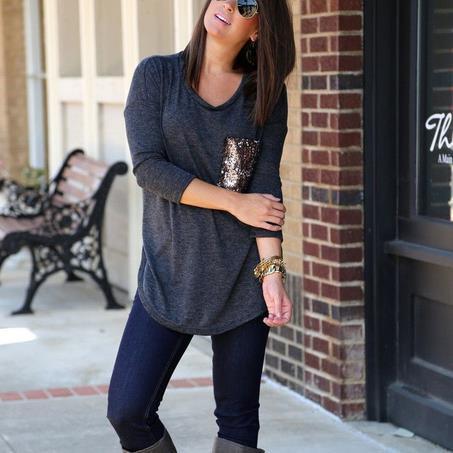 Clearance Scoop Sequins Pocket Long Sleeves Long Blouse