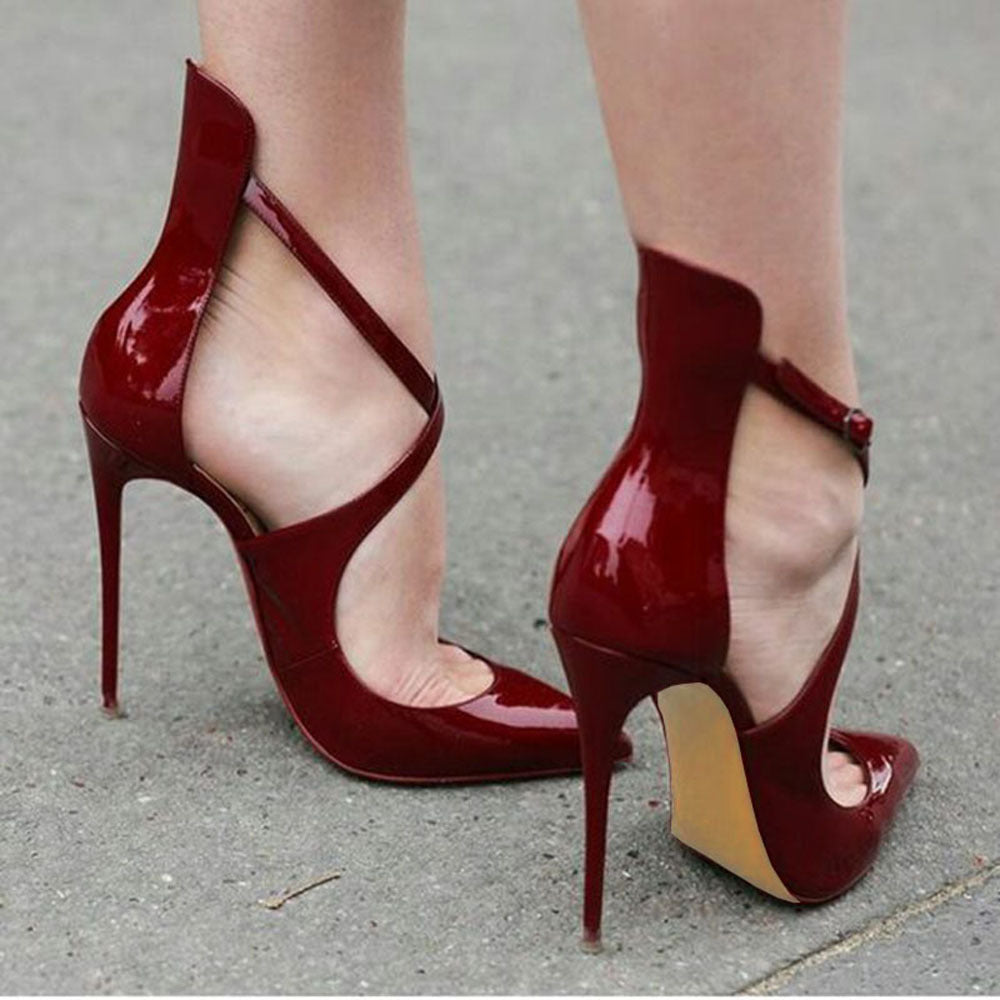 Cut Out Low Cut Pointed Toe Ankle Wrap Stiletto High Heels