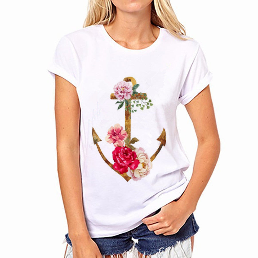 Flower Anchor Print Short Sleeves Scoop T-shirt