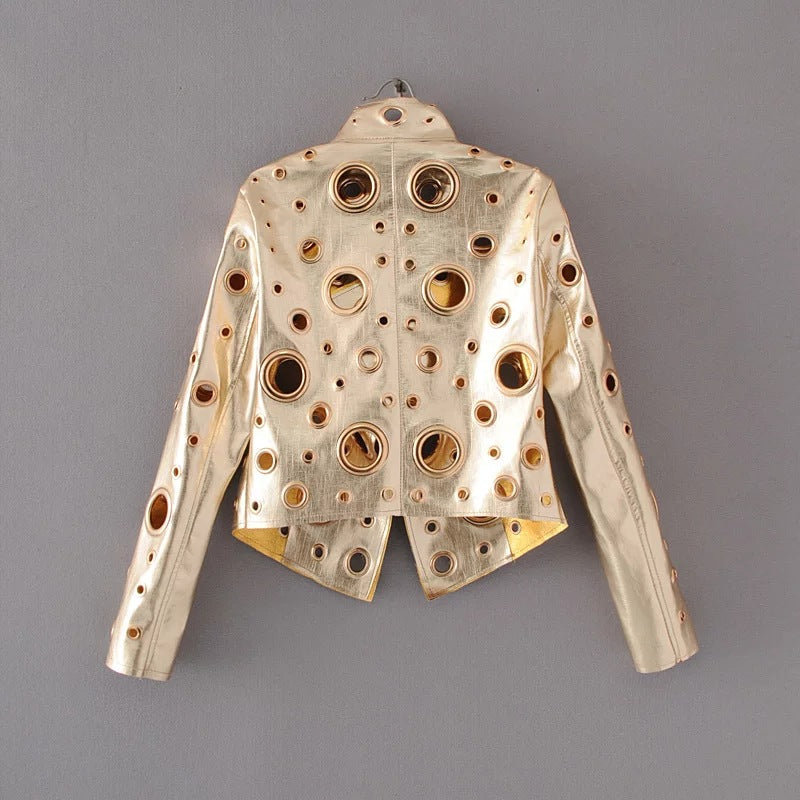 Pure Color Hollow Out Metal Decoration PU Jacket