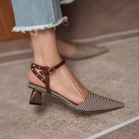 Brown Plaid Pointed Toe Chunky Heel Sandals