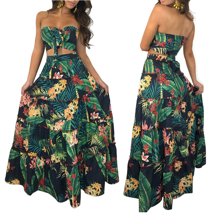 Floral Print Strapless Crop Top with High-waisted Long Skirt Two Pieces Dress Set