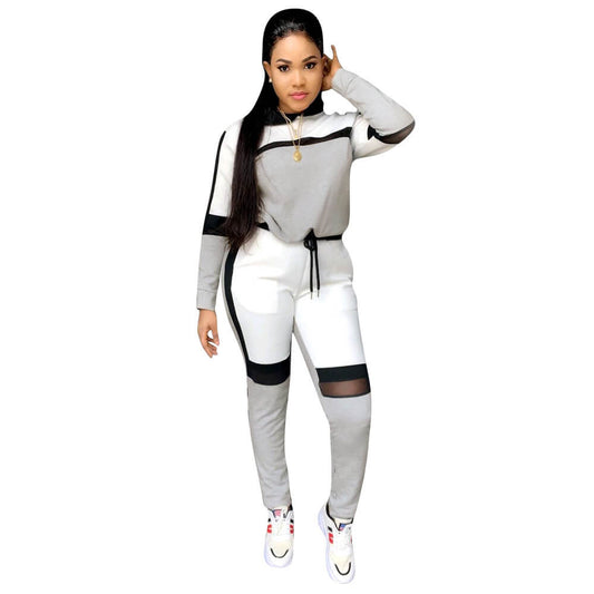 Color collision Mesh splicing Sweatshirt with Skinny Pants Two Pieces Set