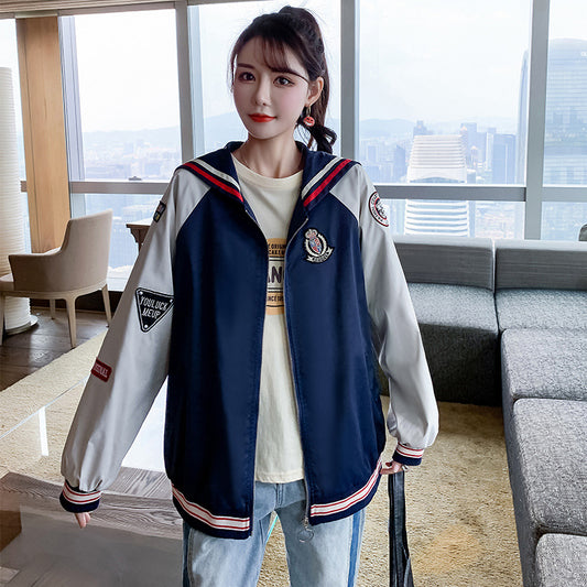 Fall Color Blocking Work Jacket Loose Casual Student BF Coat