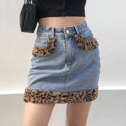 Leopard Stitched Denim Skirt