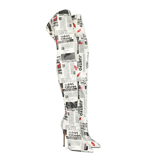 White Letter Print Pointed Toe High Heel Over Knee Boots