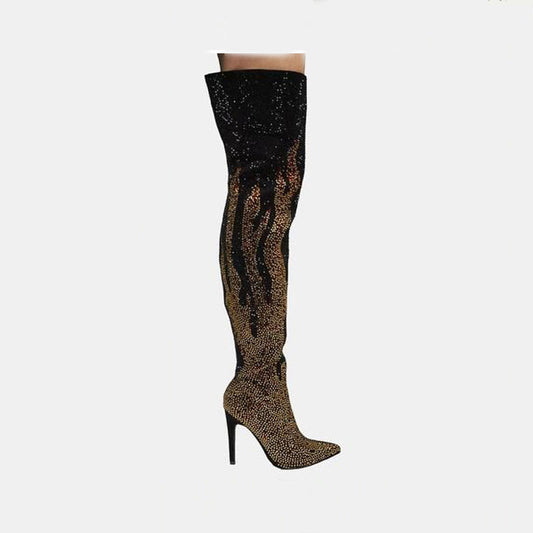 Fashion Black Rhinestone High Heel Thigh High Boots