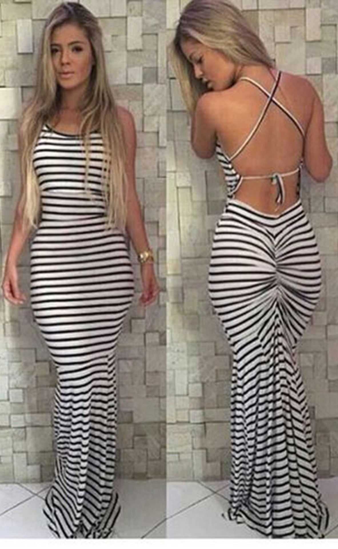 Sleeveless Backless Spaghetti Strap Stripe Long Dress - Meet Yours Fashion - 2