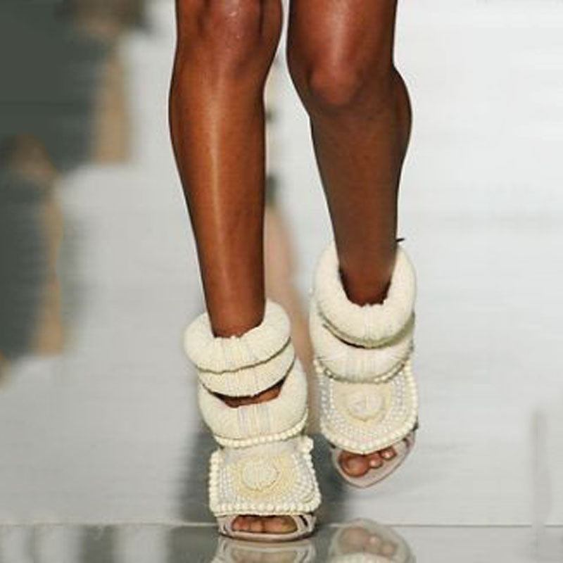 Apricot Woolen Pearl Cutout Open Toe High Heel Sandals