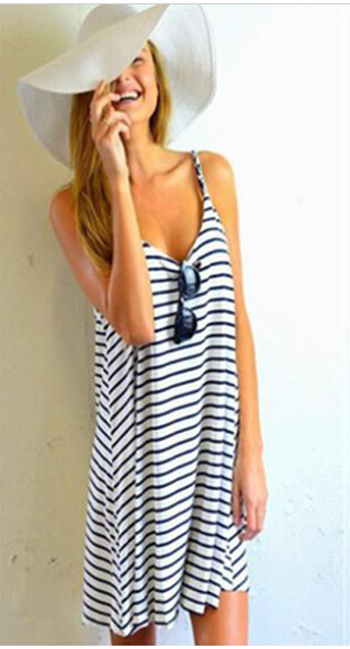Stripe Spaghetti Strap O-neck Sleeveless Short Dress - Meet Yours Fashion - 1