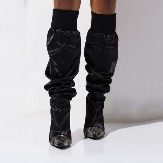 Black Rhinestone Pointed Toe High Heel Knee High Boots