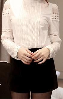 High Neck Lace Hollow Out Long Sleeves Pure Color Blouse