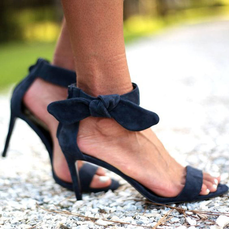 Casual Black Suede Bow Open Toe High Heel Sandals