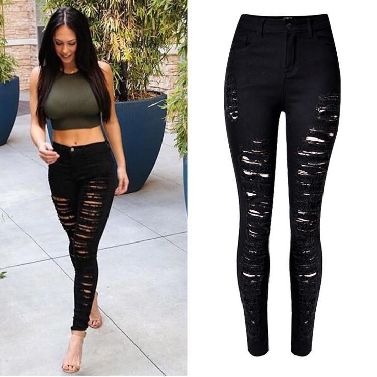 Clearance Slim Elastic Ripped High Waist Straight Jeans