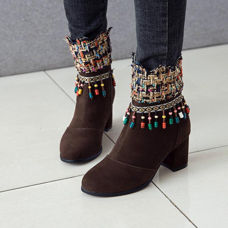 Embellished High Chunky Heel Suede Ankle Boots