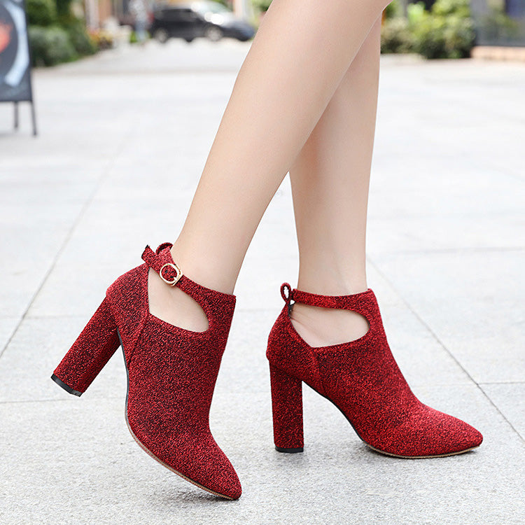 Hollow Out Pointed Toe Chunky High Heel Ankle Boots