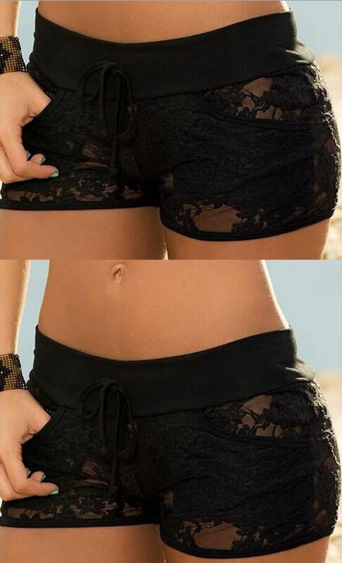 Black Lace Patchwork Draw String Low Waist Shorts