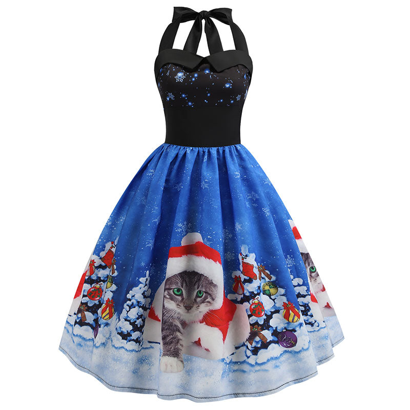 Retro Christmas Print Sweetherat Halter Dress
