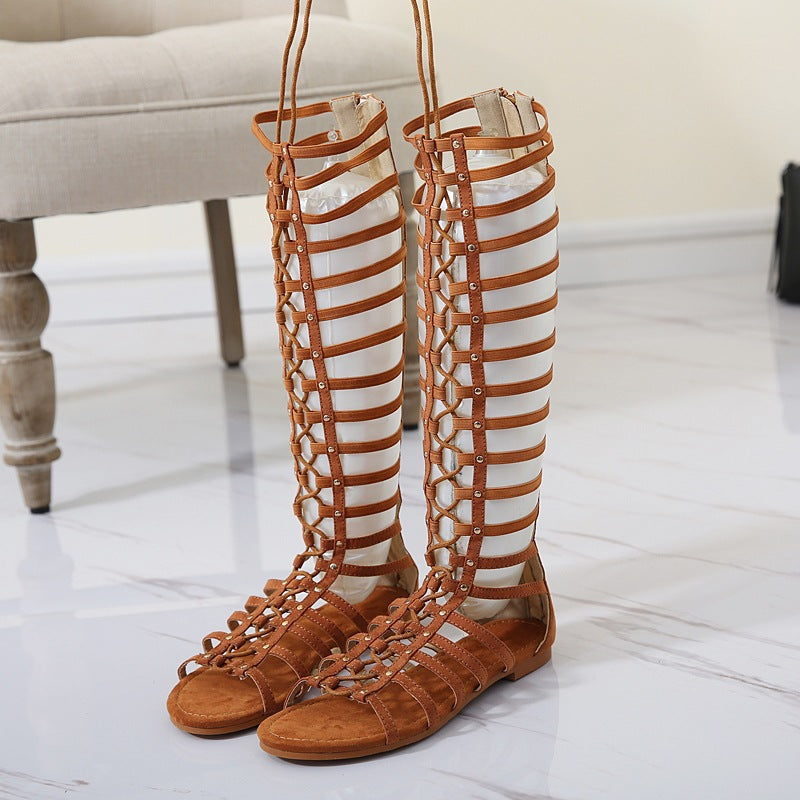 Rivets Straps Lace Up Open Toe Long Boot Roman Style Sandals
