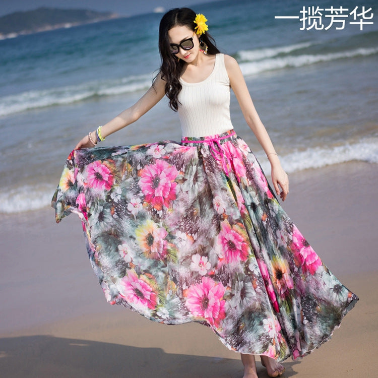 High Waist Bohemian Flower Print Loose Long Swing Chiffon Beach Skirt