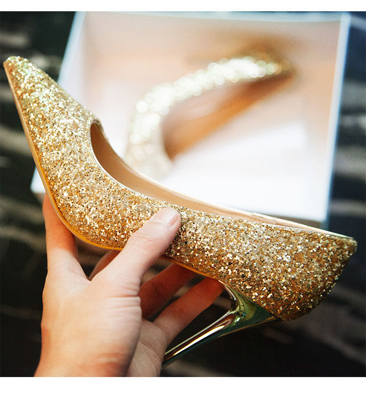Sequins Shinning Low Cut Pointed Toe Stiletto High Heels Party Shoes