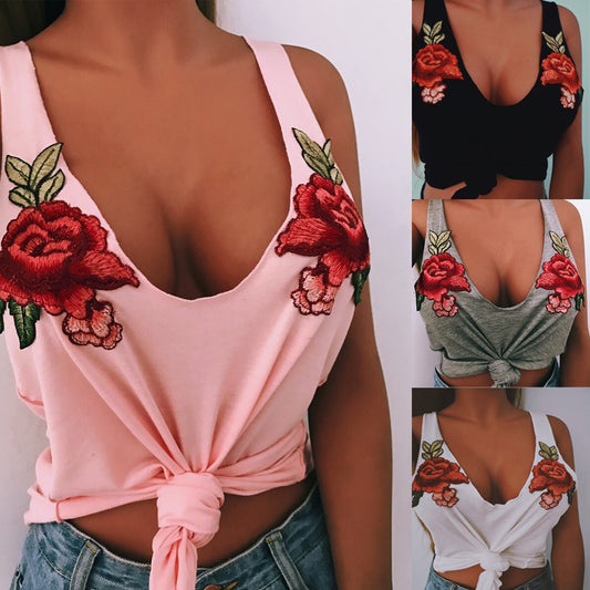 Embroidery Deep V-neck Straps Tank Top