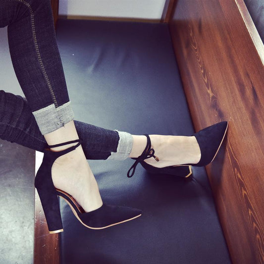 Pointed Tod Ankle Lace UP Wrap High Chunky Heels