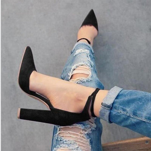 Pointed Toe Low Cut Ankle Lace Up High Chunky Heels