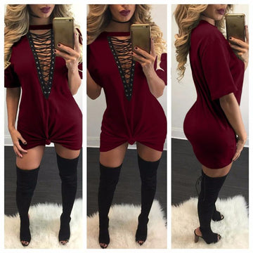 Hollow Out V Neck Short Sleeve Sexy Night Club Loose Short Dress