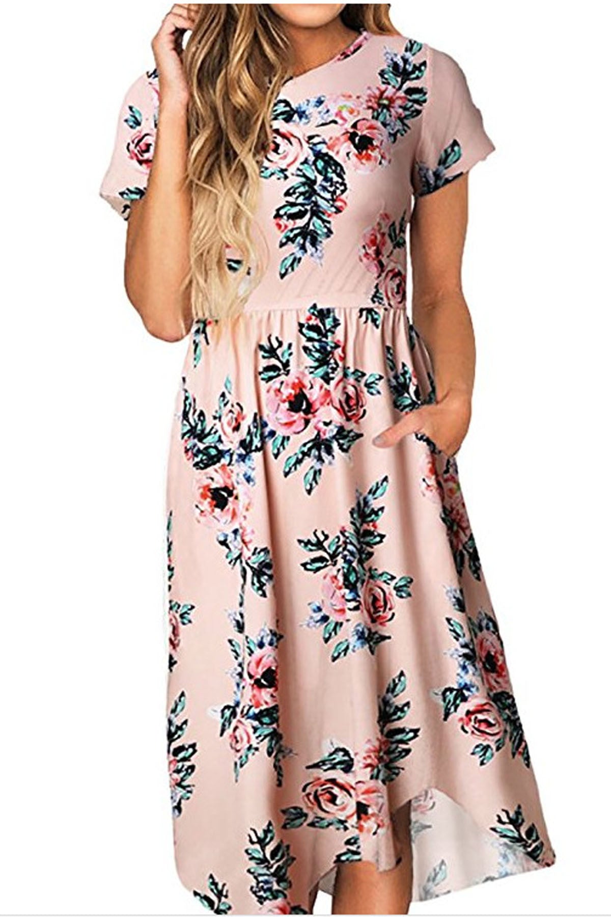 Flower Print Short Sleeves Tee Length Party Dress