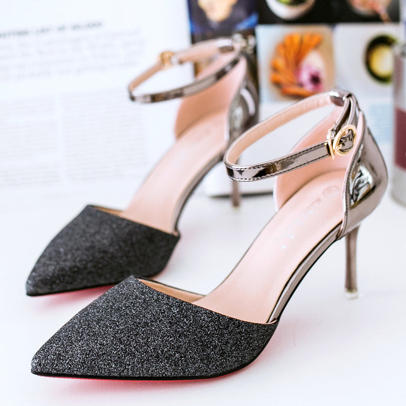 Rhinestone Pointed Toe Ankle Wrap Low Stiletto Heels Shoes