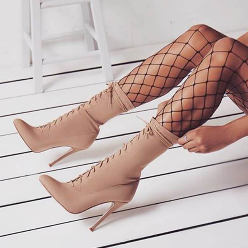 Leather Lace Up High Heel Pointed Toe Calf Boots